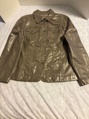 Chico's Foil Coated Hearthstone Taupe Denim Jacket.